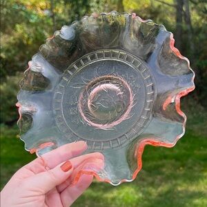 Antique Dugan Glass Pink Depression Glass Windflower Flower Embossed Ruffle Bowl